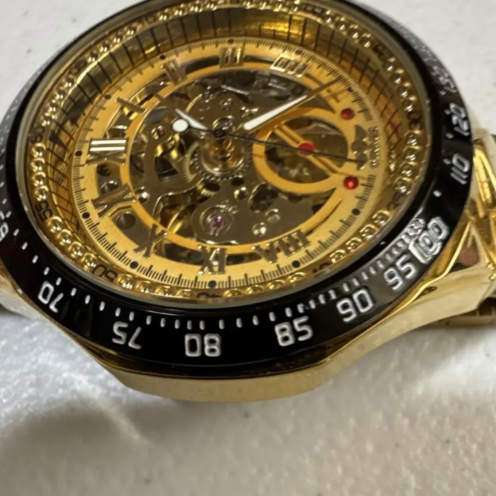 Winner TM432 Men's Wristwatch Gold Skeleton Automatic Tachymeter (B18)